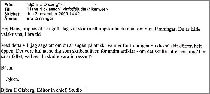 Vitsord till Hans Nicklasson från Björn Olsberg, dåvarande chefredaktör på tidningen Studio.